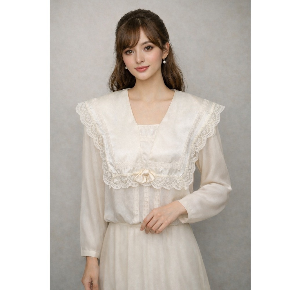 Gunne Sax Sport Jessica McClintock Satin Lace Sailor Collar Blouse Ivory Size 11